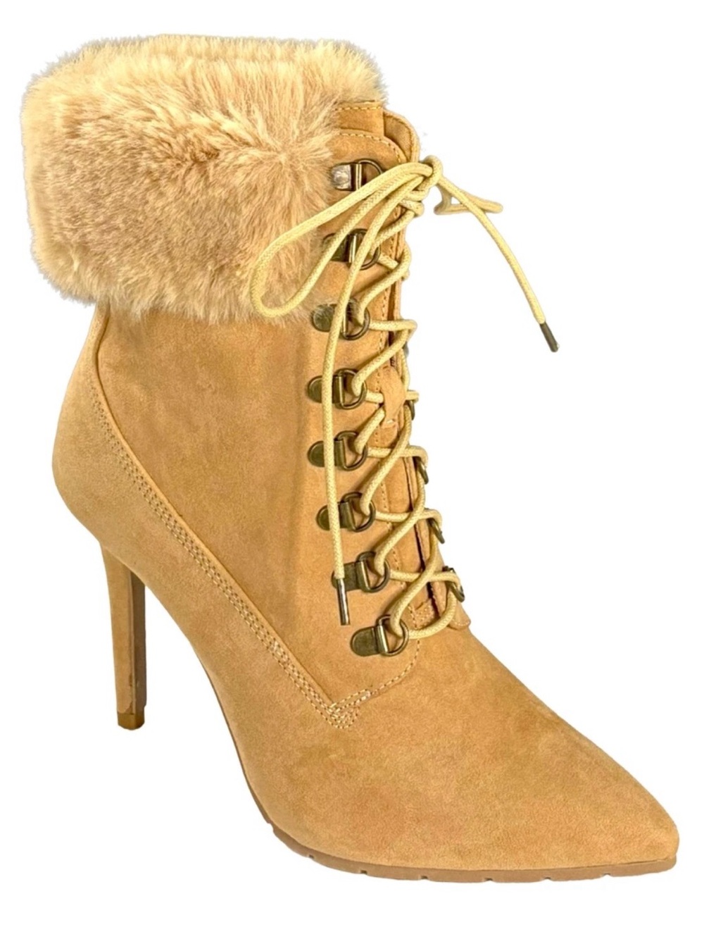 Qupid Tan Suede Lace-Up Faux Fur Cuff Boots